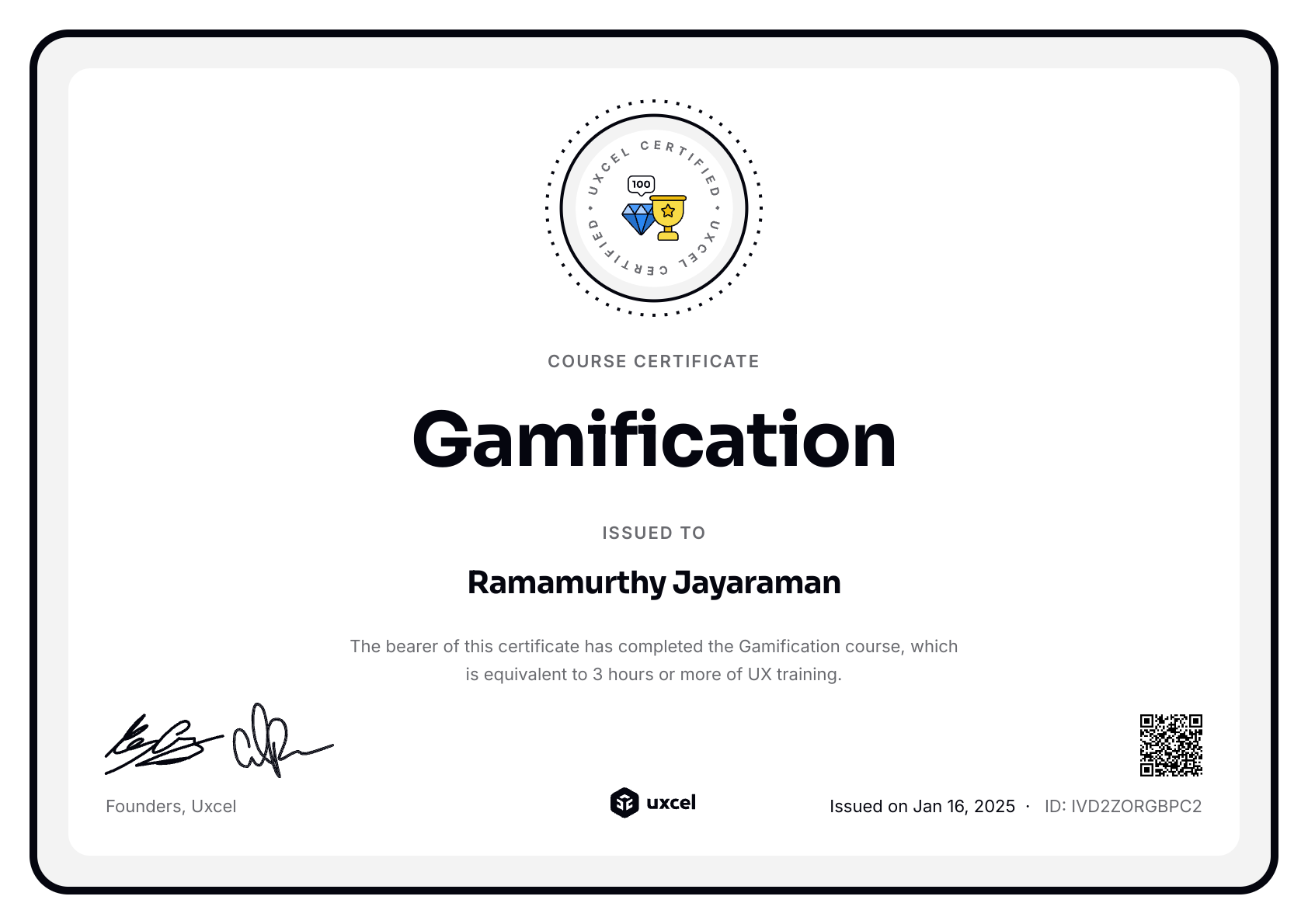 Ramamurthy Jayaraman's certificate
